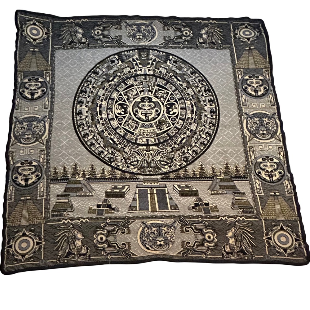 Mexican Aztec Mayan Sun Stone Calendar Woven Tapestry Blanket Jaguar Pyramids